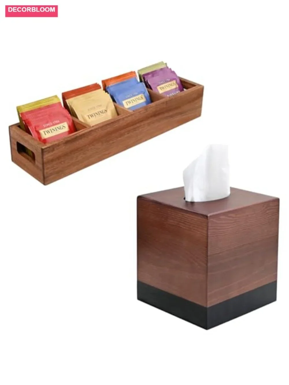 Tea Bag Organizer with 4 Slots Wooden Tissue Box Cover Square